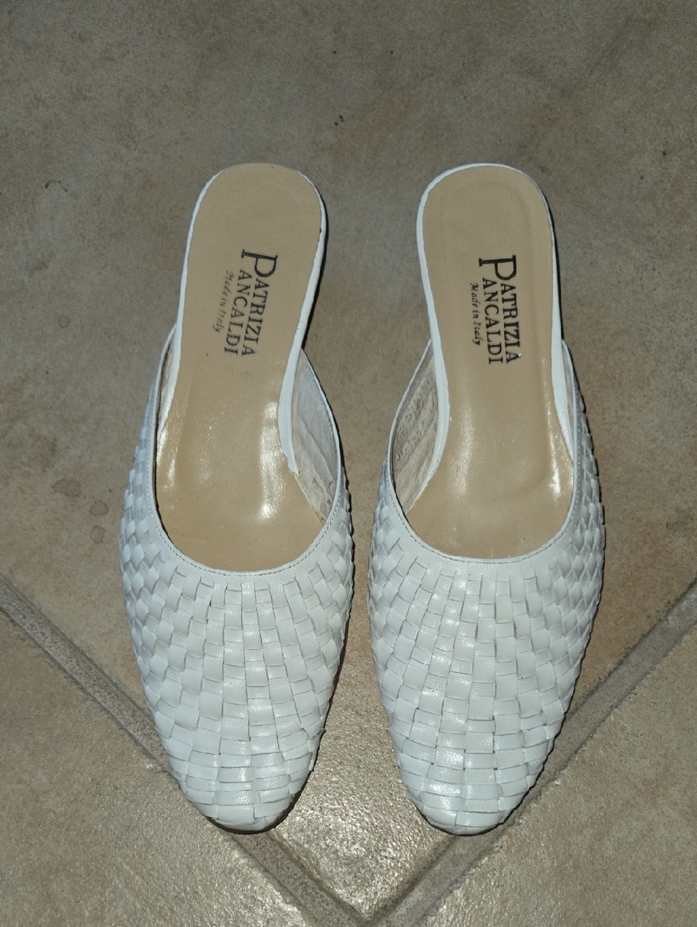 Italian Leather White Woven Mule Low Heel Shoes By Patrizia Pancaldi